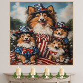 Sheltie Dog Family in American Flag Outfits and Hats with Flowers and Stripes for Fourth of July Celebration on Ready to Hang 1.5" Thick Canvas Wrap, Floating Framed Canvas, Flat Rolled Canvas